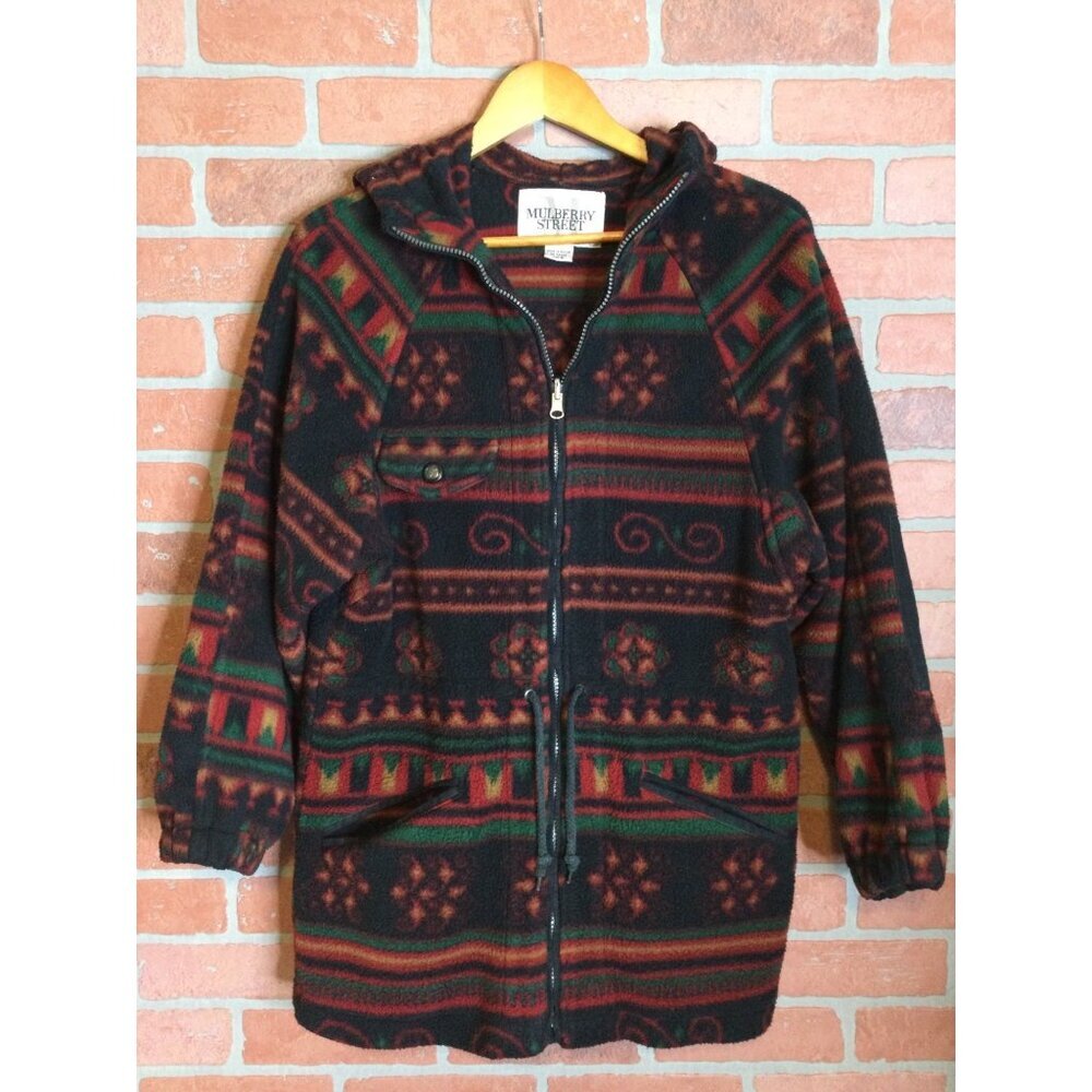 Mulberry Street Mens AOP Aztec Print Zip Up Fleece Hooded Sweater Pockets Size S